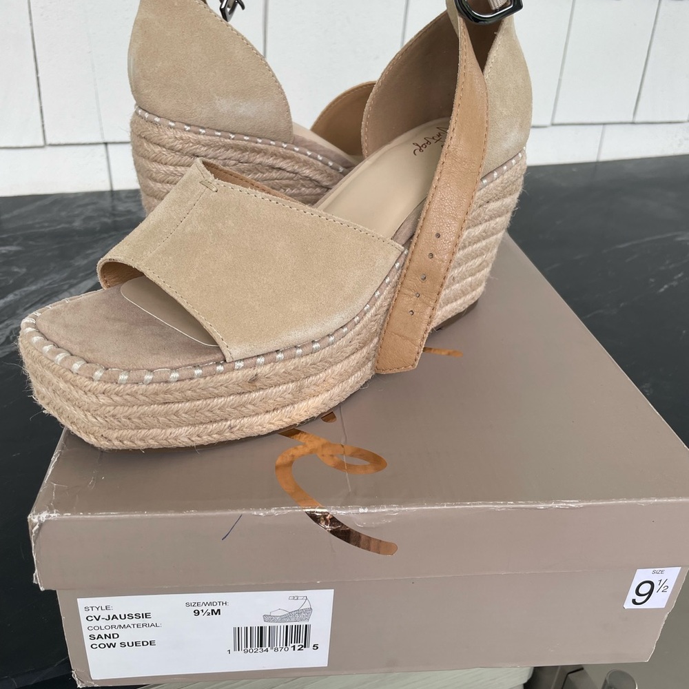 Crown Vintage Tan Wedges with Ankle Strap and Jute Platform